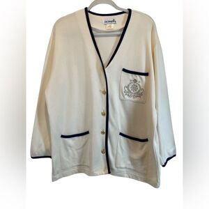 Sail Away Cream Cardigan with Navy Trim and Gold Buttons size XXL